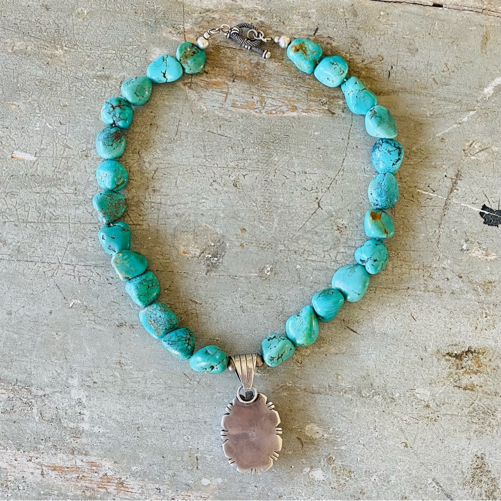 SOLD ♥️ Navajo ♥️ Vintage Sterling Silver & Turquoise Toggle Necklace - Picture 4 of 8